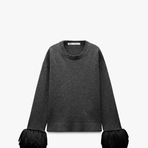 ZARA Limited Edition Gray Wool Sweater with Feather Cuffs